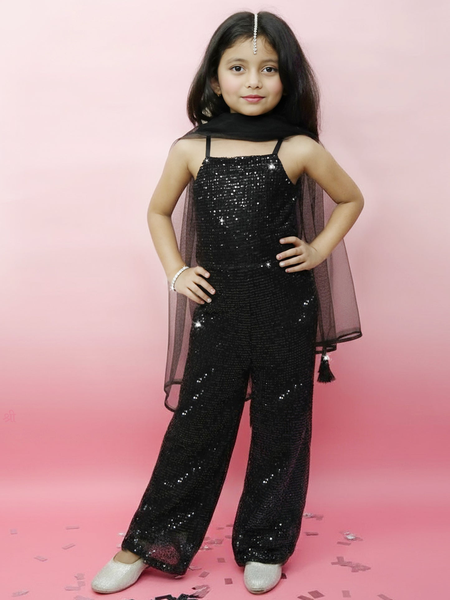 Black Sequin Fusion Jumpsuit with Tulle Dupatta for Girls