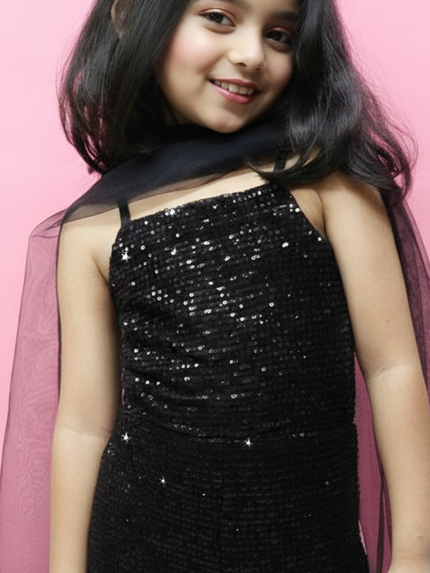 Black Sequin Fusion Jumpsuit with Tulle Dupatta for Girls