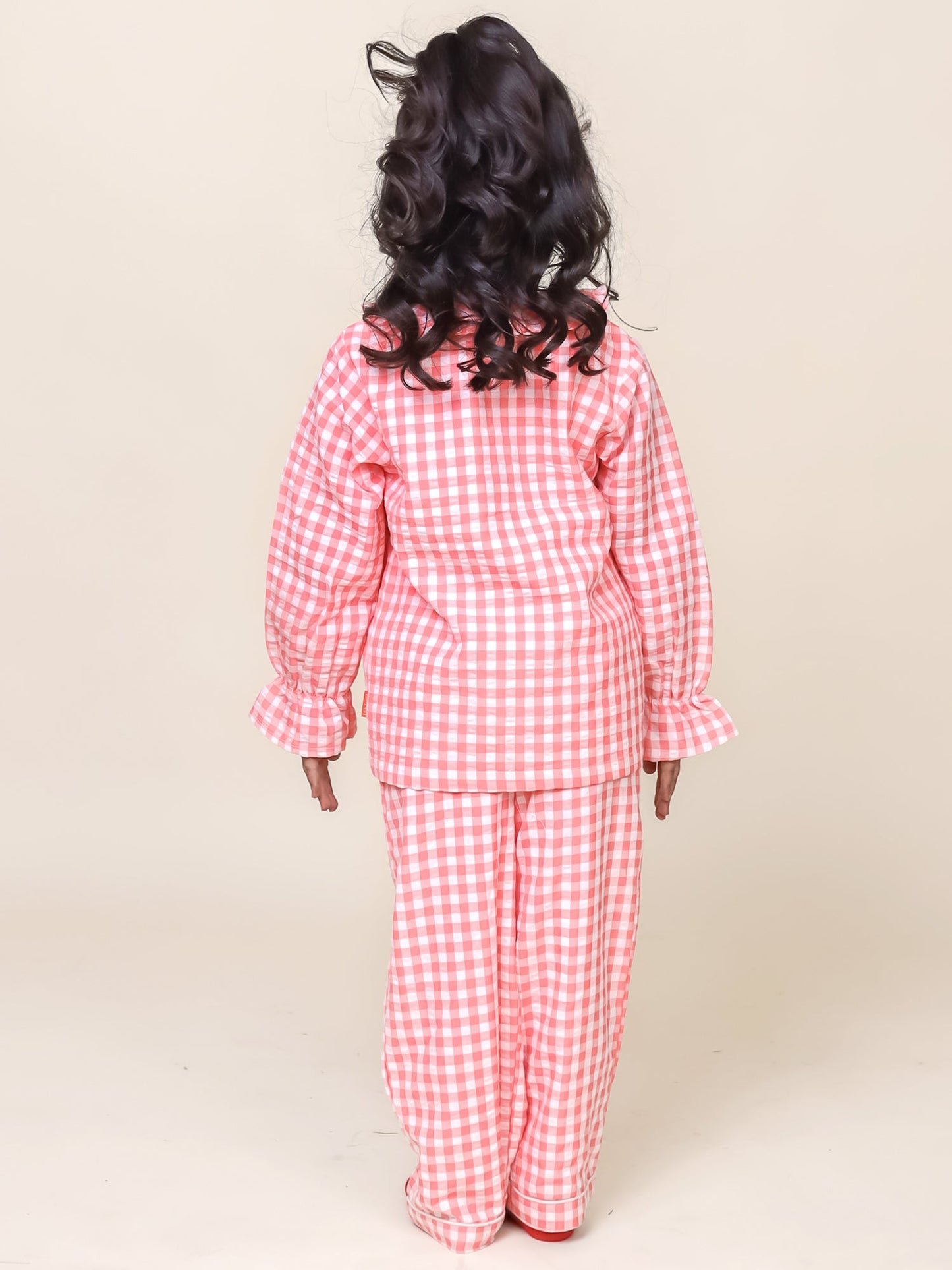 Little Carrot Checks Night Suit With Cotton Lining, , premium kids' wear for girls, size 5-6-years.