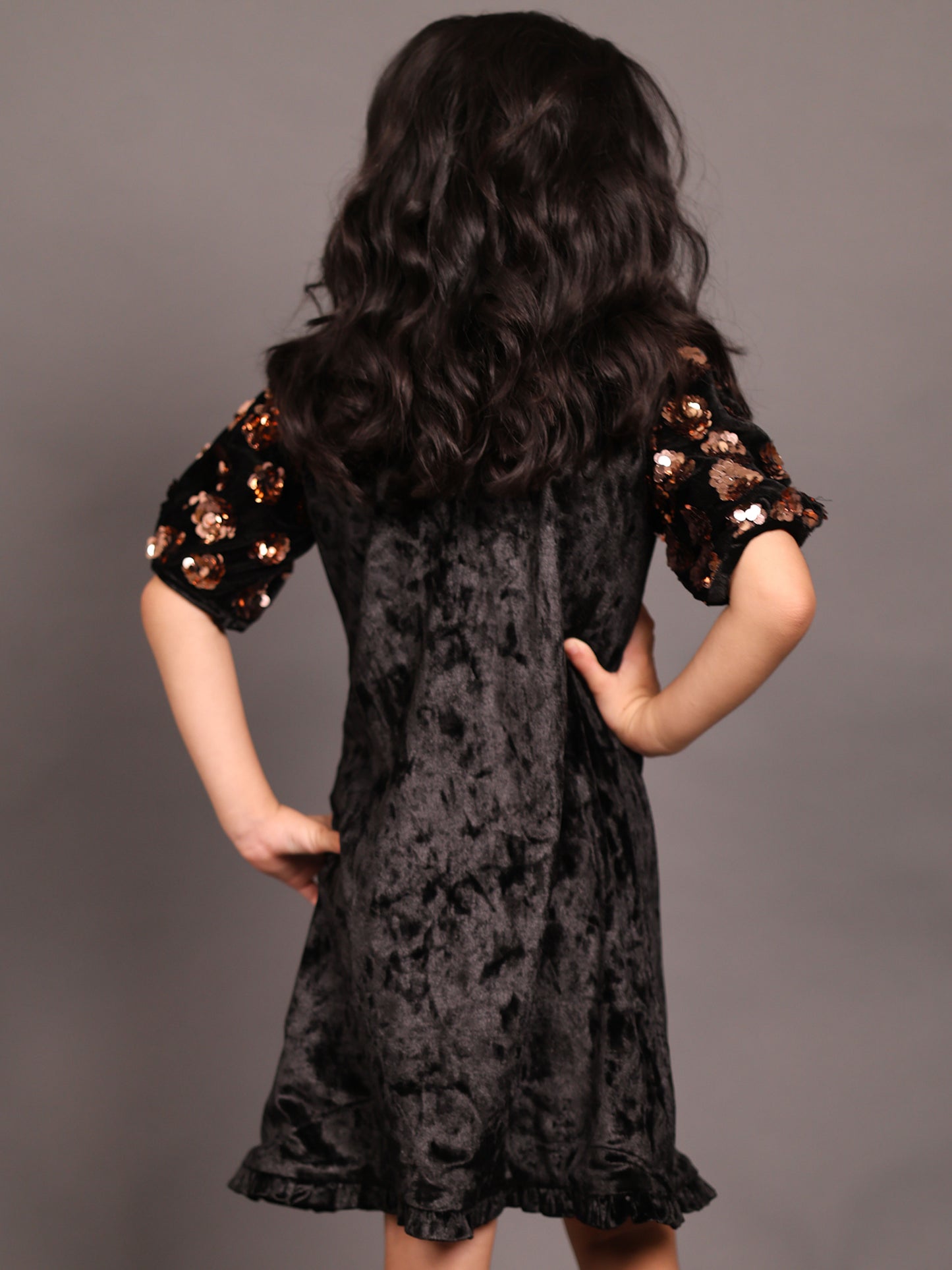 Little Carrot Chic Velvet Dress With Shimmering Sequin Sleeves, , premium kids' wear for girls, size 5-6-years.