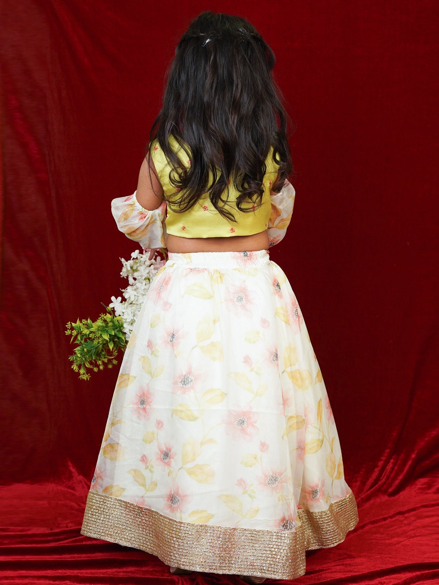 Little Carrot Girls Floral Lehenga With Pleated Blouse Floral Sleeves, , premium kids' wear for girls, size 6-7-years.