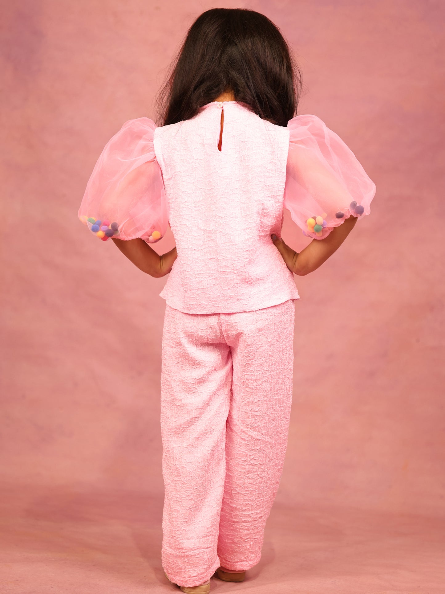 Little Carrot Girls Textured Pink High Neck Clothing Set With Puff Sleeves Pom Pom Filler, , premium kids' wear for girls, size 8-9-years.