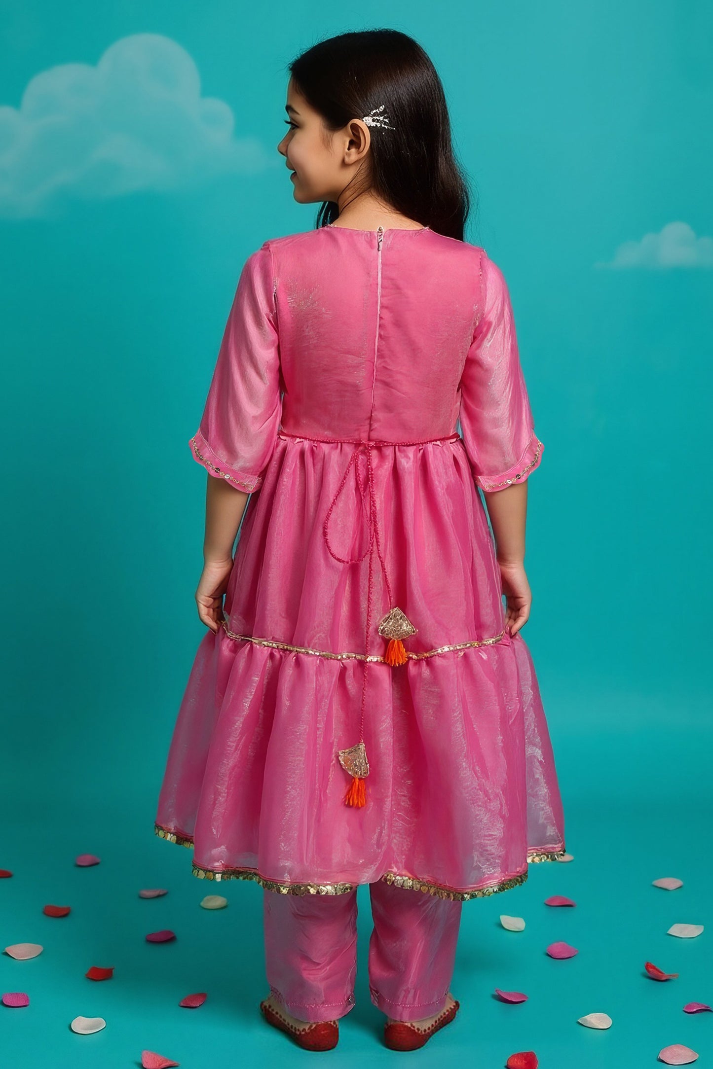 Girl wearing pink Anarkali kurta set with sequins, cord work, lace detailing, straight pants and dupatta by Little Carrot.