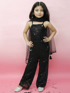 Black Sequin Fusion Jumpsuit with Tulle Dupatta for Girls