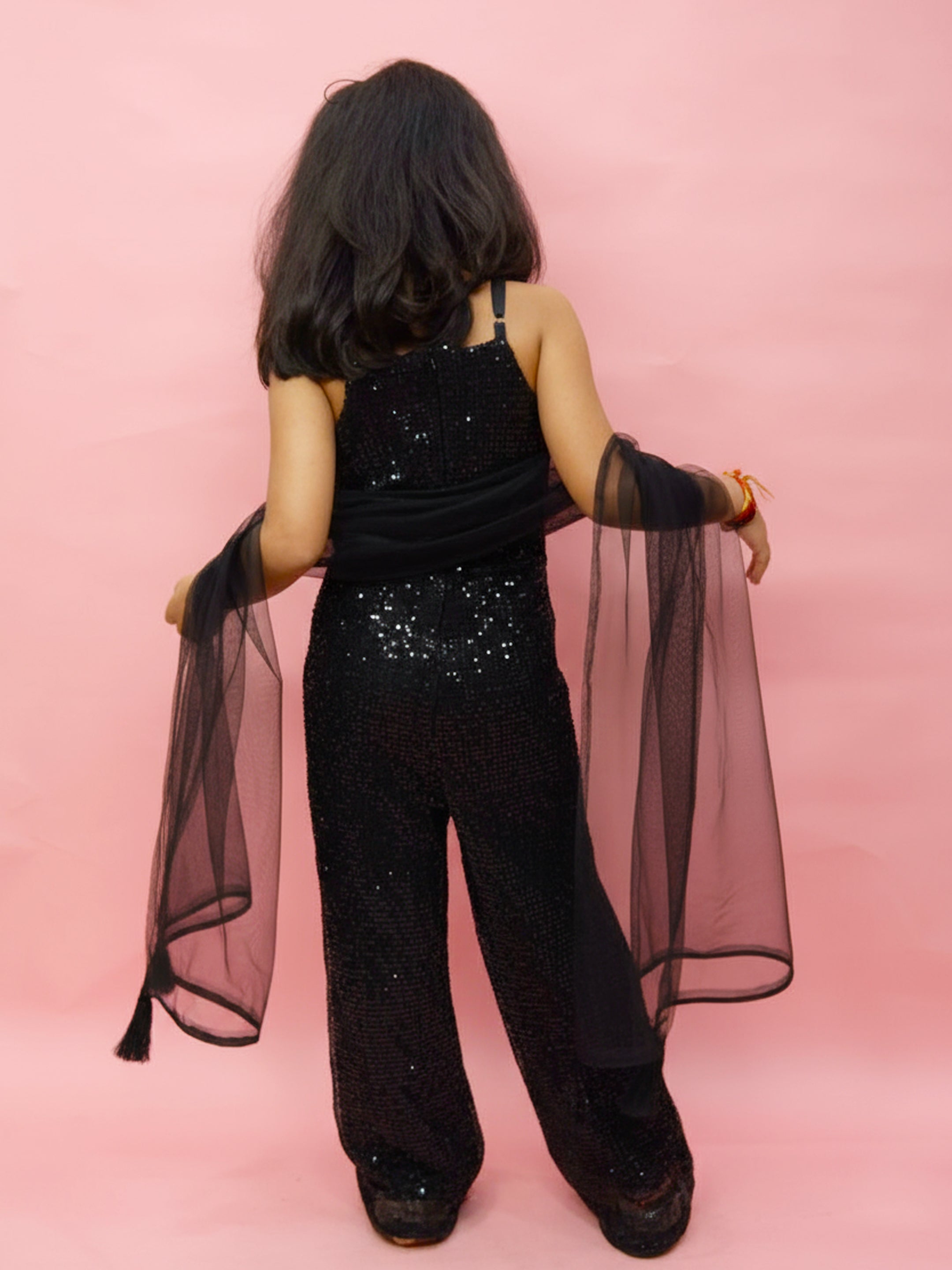 Black Sequin Fusion Jumpsuit with Tulle Dupatta for Girls