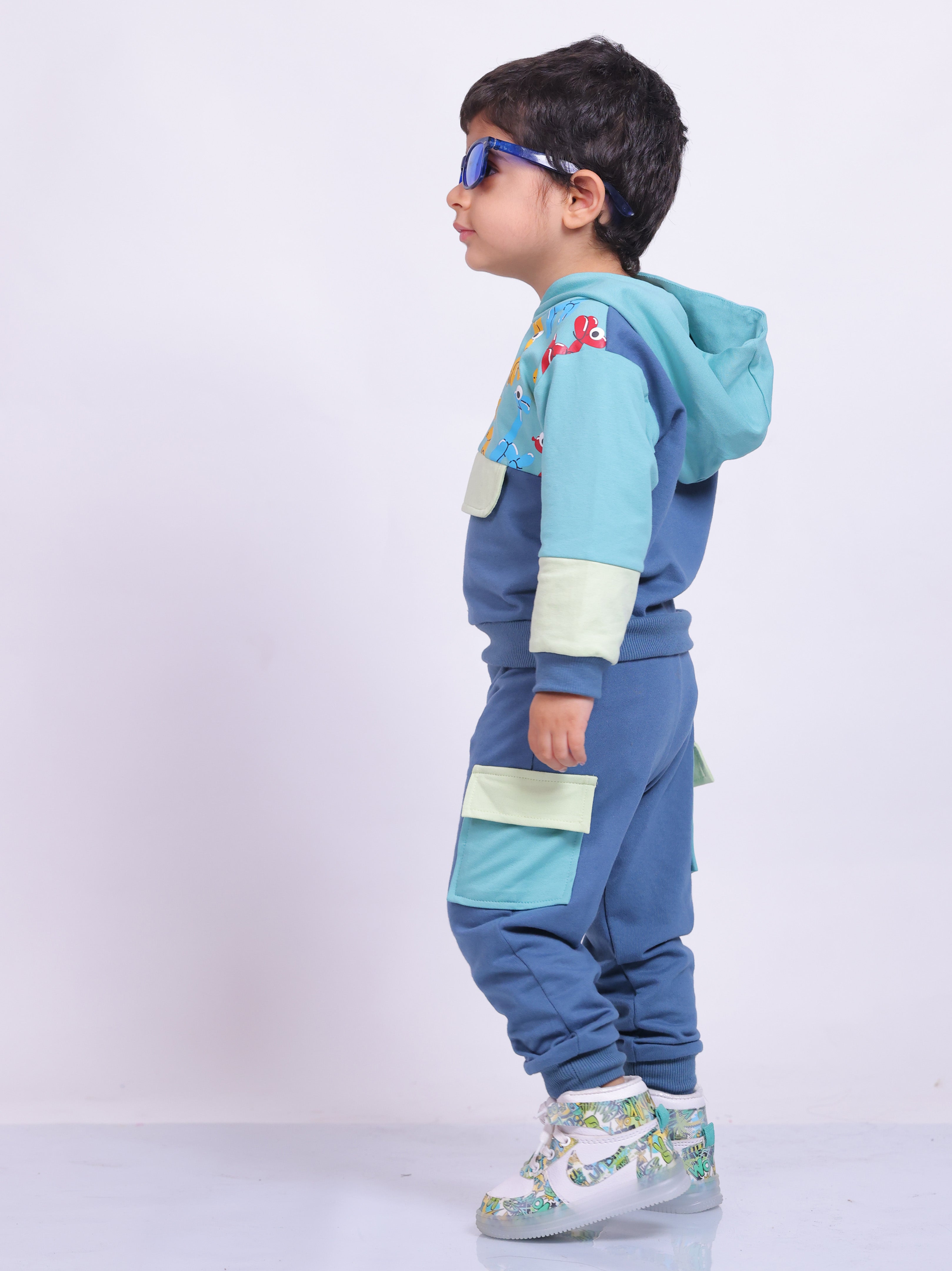 Unisex pure cotton hoodie set with playful cartoon print and jogger-style cargo pants for infants and toddlers – cozy and stylish winter outfit