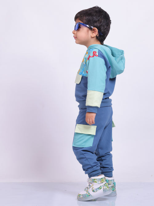 Unisex pure cotton hoodie set with playful cartoon print and jogger-style cargo pants for infants and toddlers – cozy and stylish winter outfit