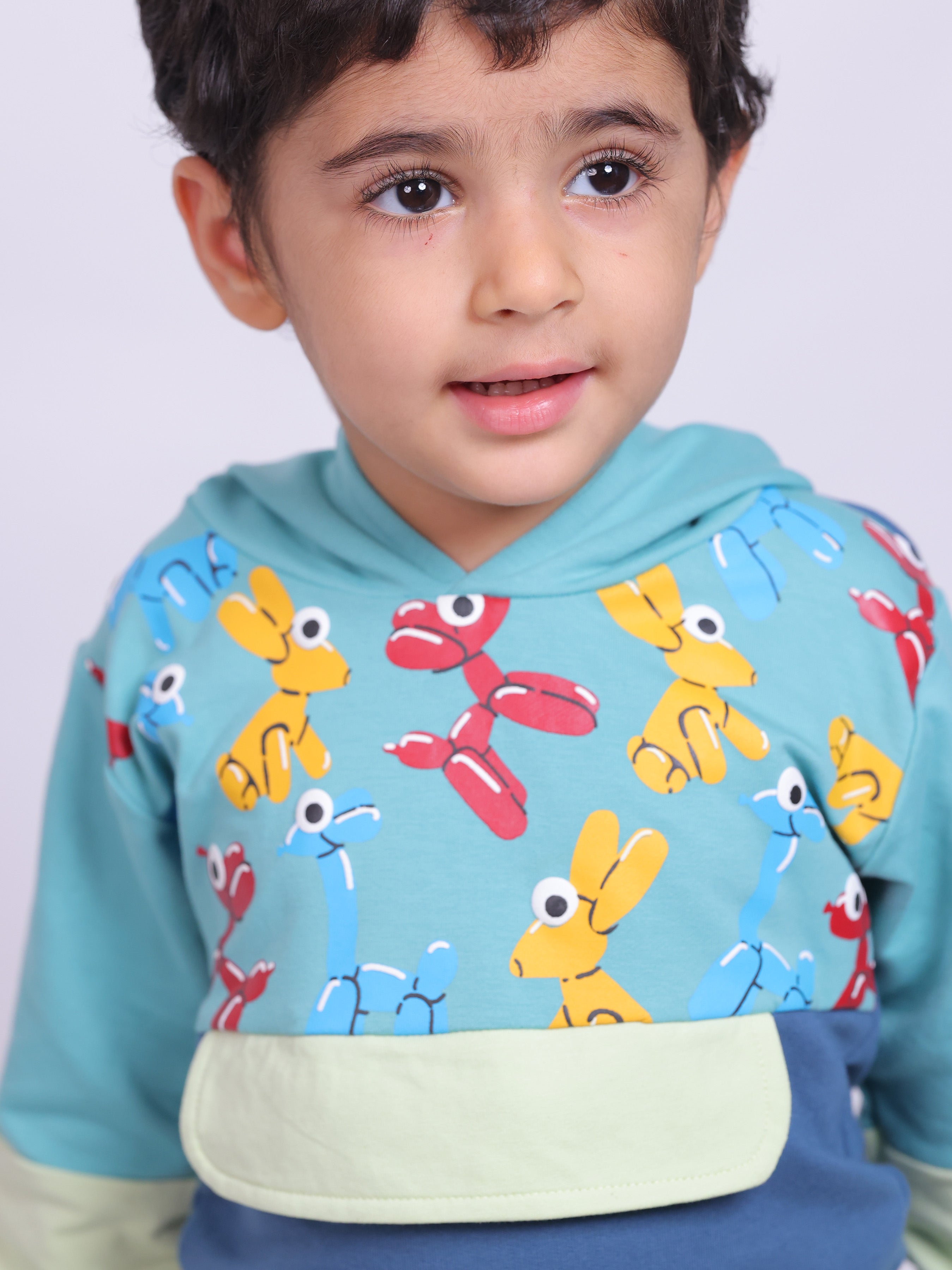 Unisex pure cotton hoodie set with playful cartoon print and jogger-style cargo pants for infants and toddlers – cozy and stylish winter outfit