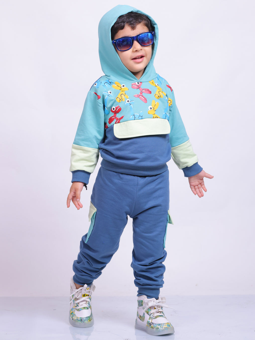 Unisex pure cotton hoodie set with playful cartoon print and jogger-style cargo pants for infants and toddlers – cozy and stylish winter outfit