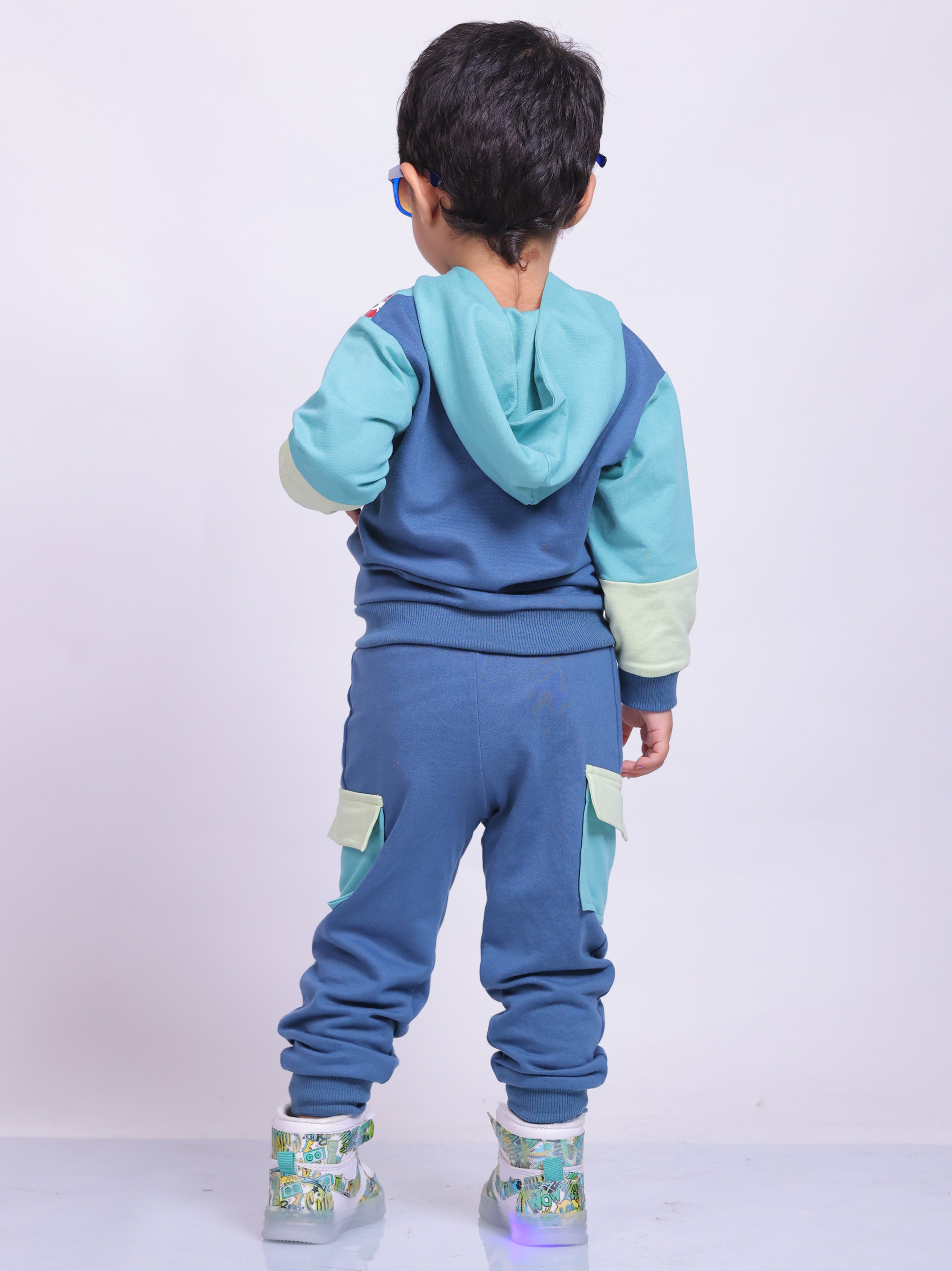 Unisex pure cotton hoodie set with playful cartoon print and jogger-style cargo pants for infants and toddlers – cozy and stylish winter outfit