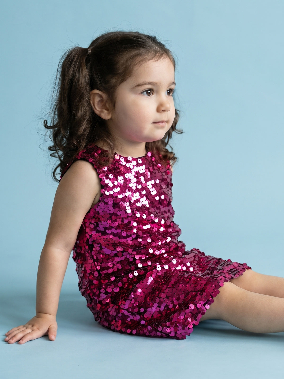 A young Girl Posing in Fuchsia Sequins Dress from Pink Skies Collection by Little Carrot
