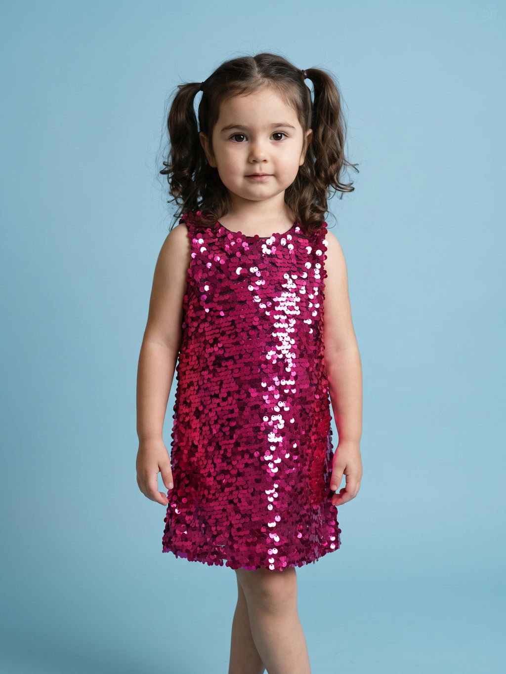 A young Girl Posing in Fuchsia Sequins Dress from Pink Skies Collection by Little Carrot