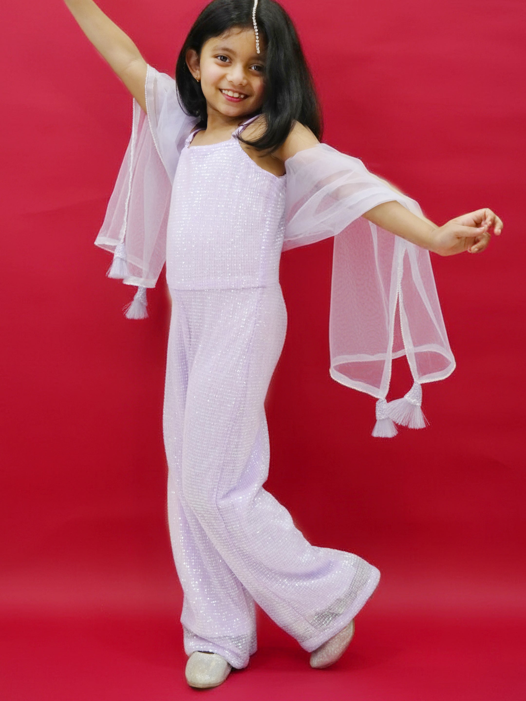 Lilac Sequin Fusion Jumpsuit with Tulle Dupatta for Girls
