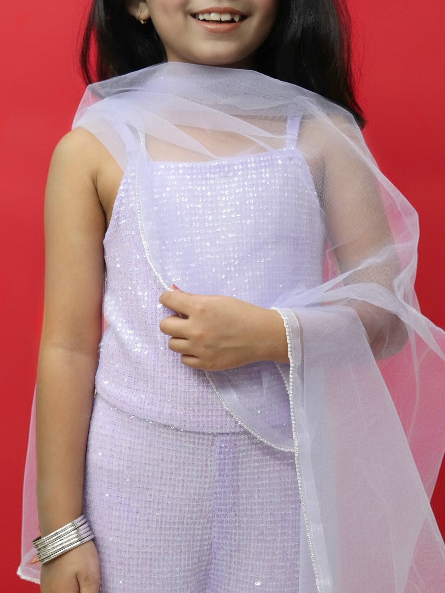 Lilac Sequin Fusion Jumpsuit with Tulle Dupatta for Girls