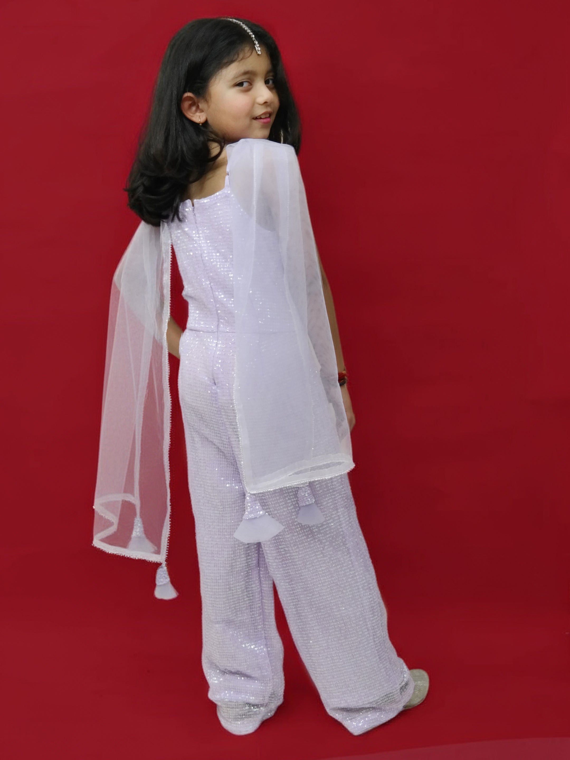 Lilac Sequin Fusion Jumpsuit with Tulle Dupatta for Girls
