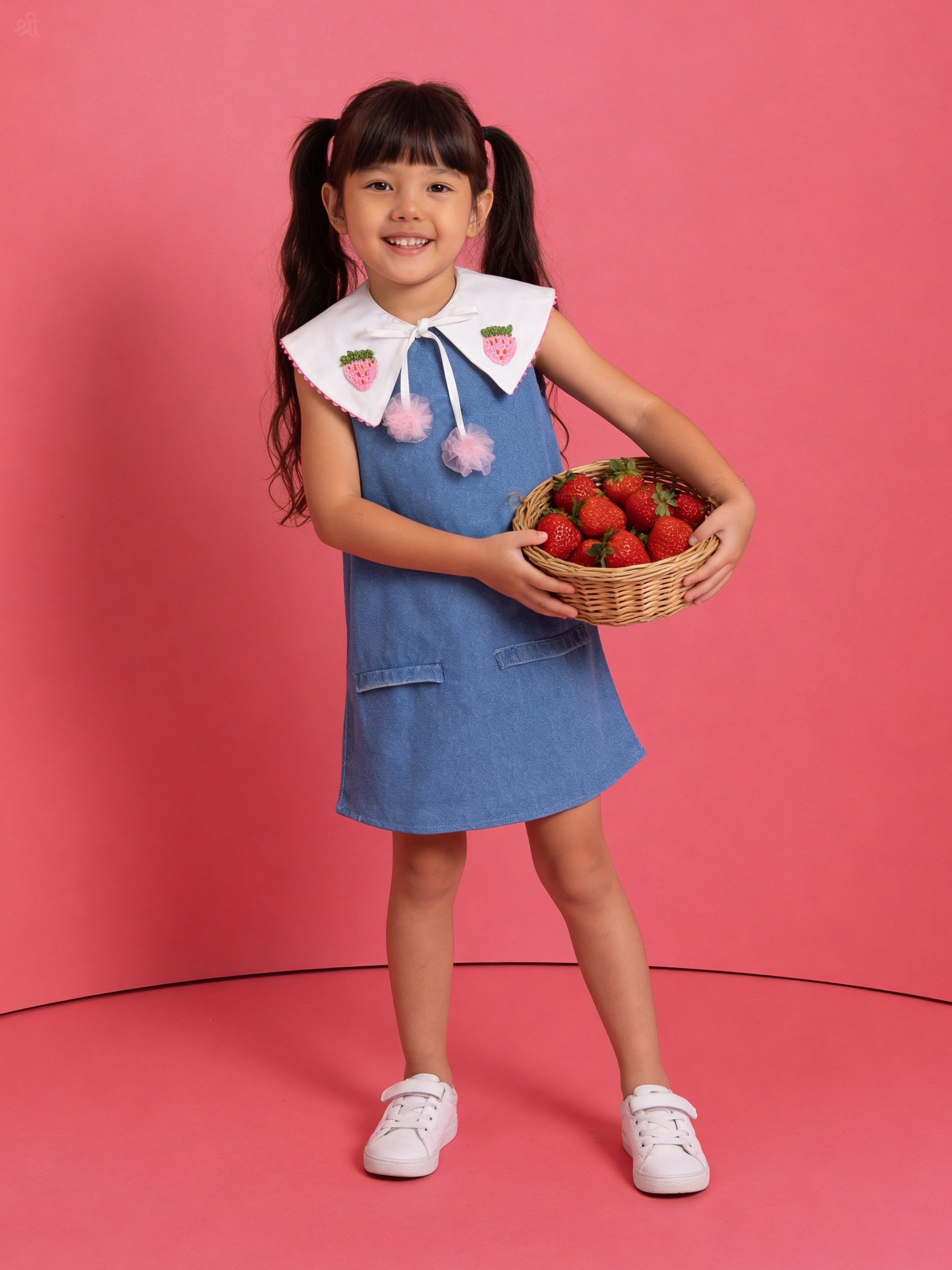 Young girl in a Little Carrot Denim A line dress holding a basket of strawberries against a pink background