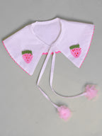 White Detachable Collar of Denim Dress with strawberry Crochet patch and ric rac lace on a gray background