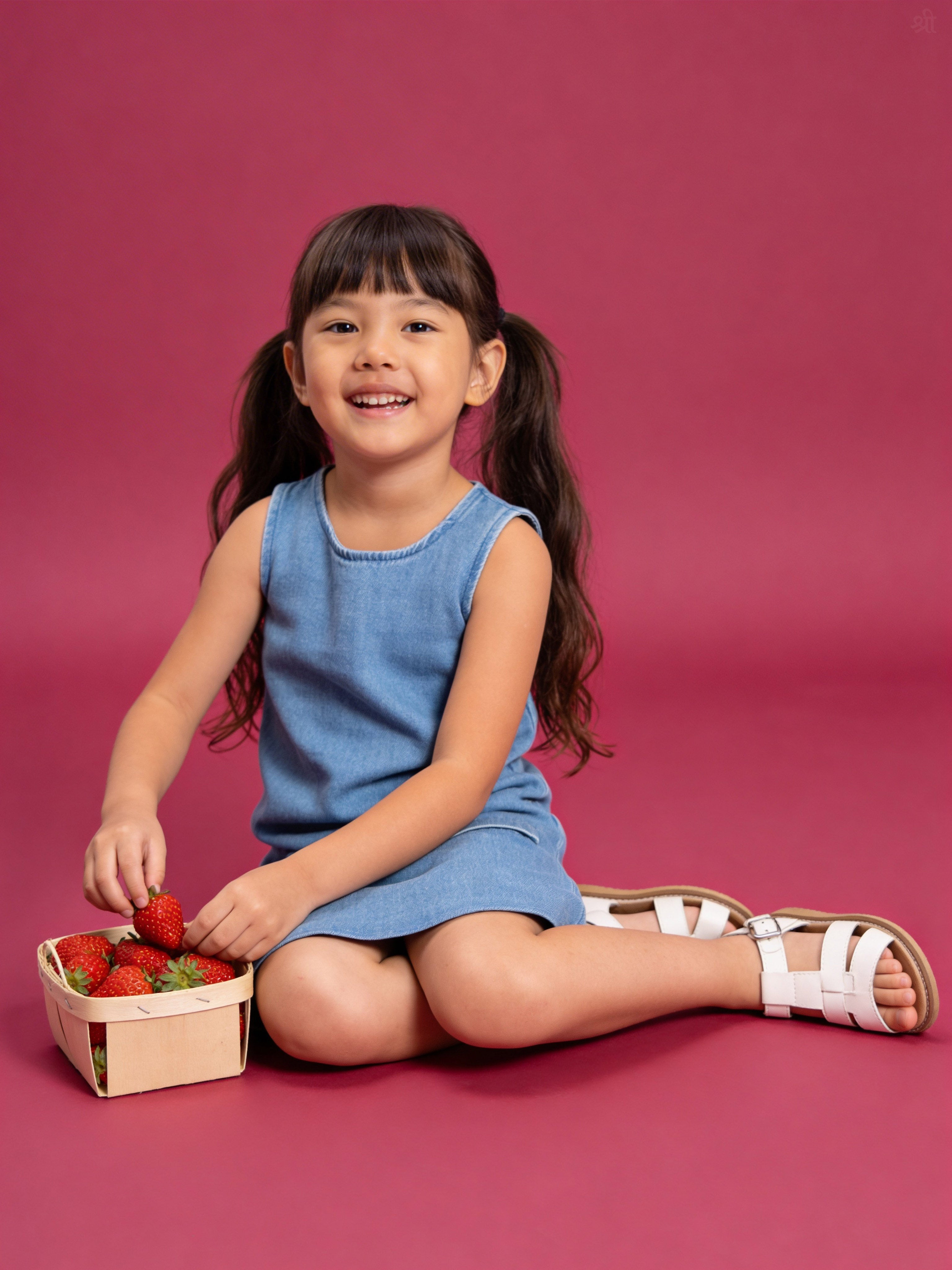 Young girl in a Little Carrot Denim dress sitting on a pink background with a basket of strawberries.