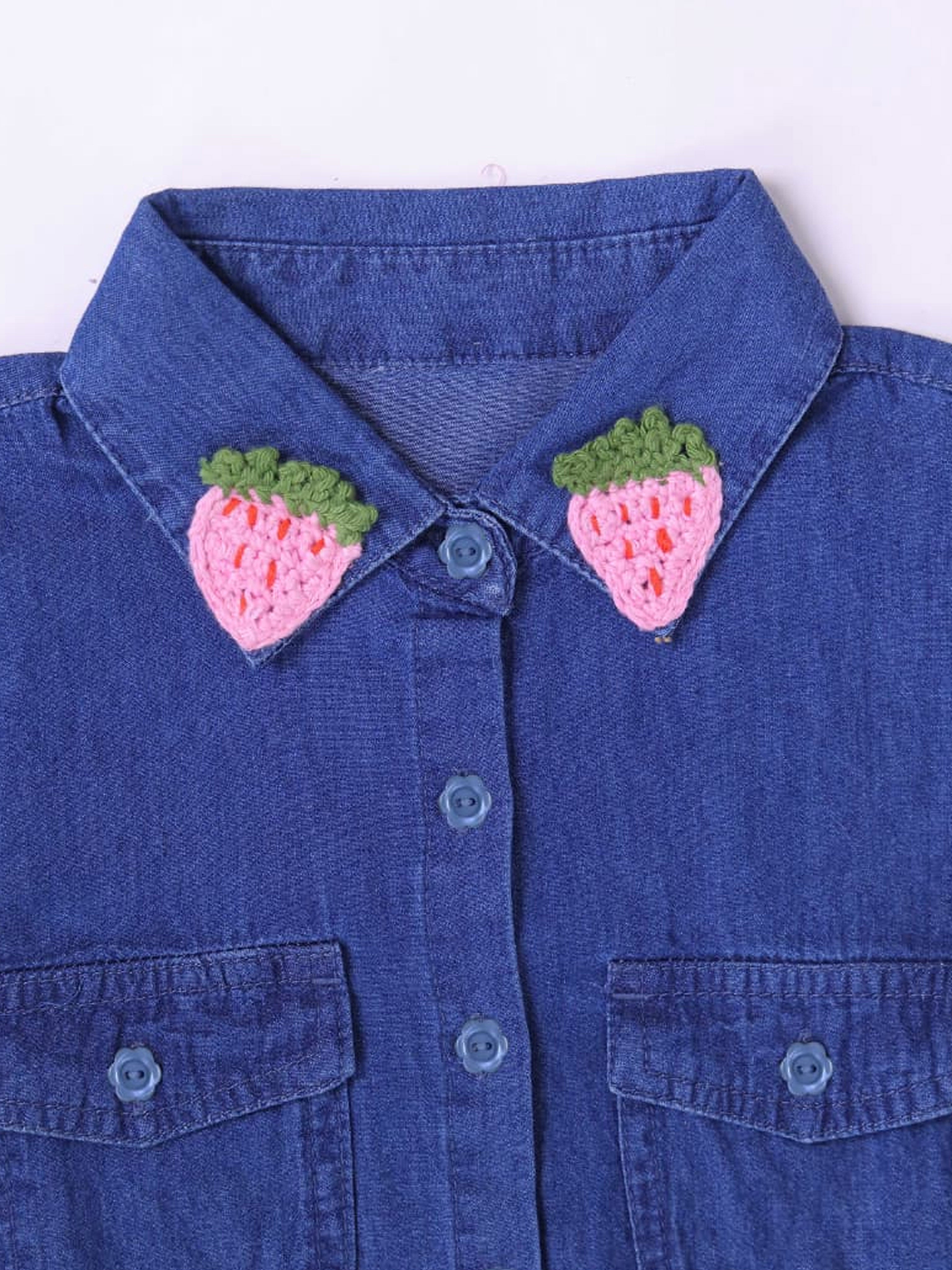 Little Carrot Blue denim shirt Dress with pink strawberry patches on a white background