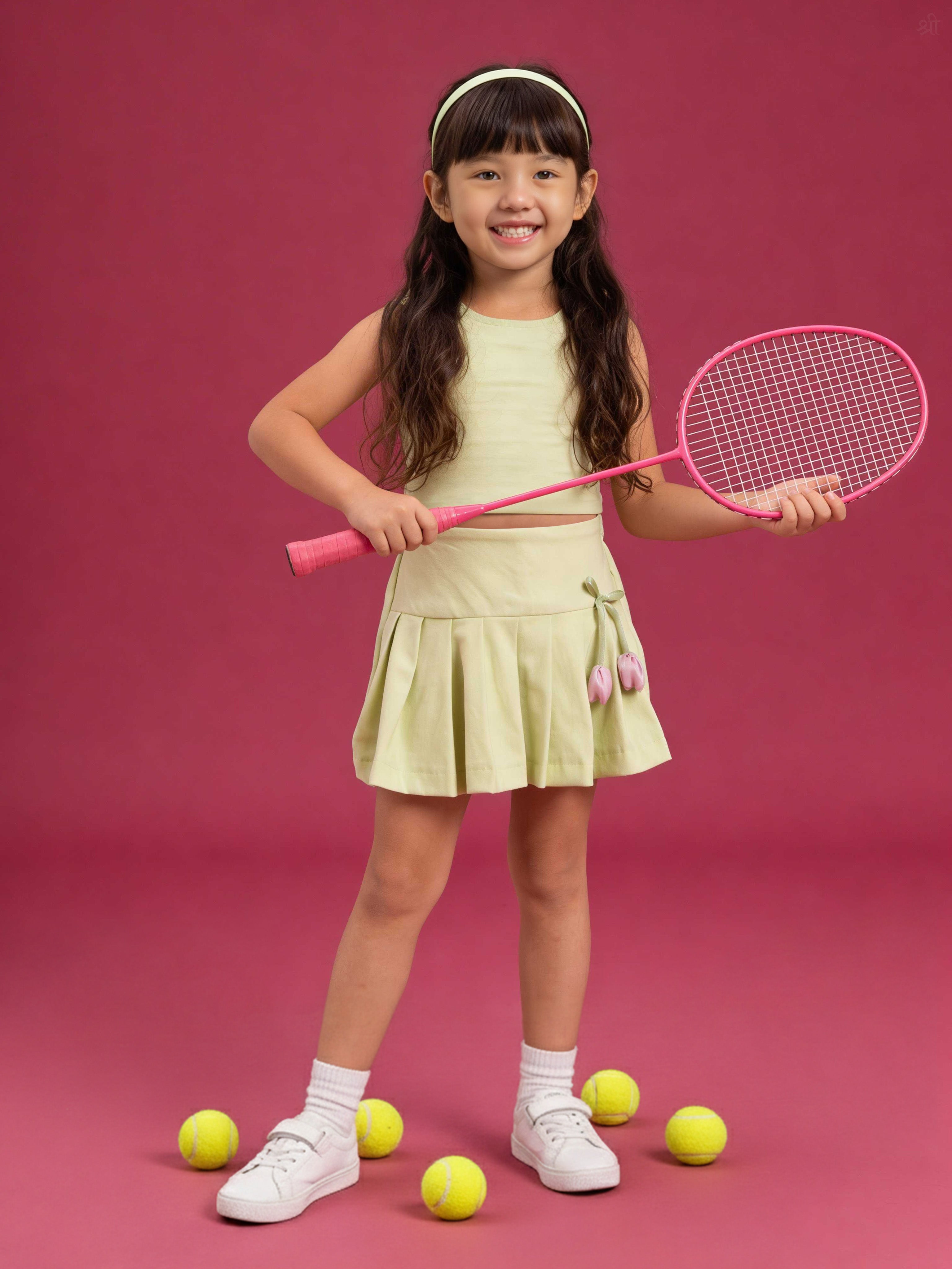 Young girl in Little Carrot tennis outfit with pink racket and balls on a pink background