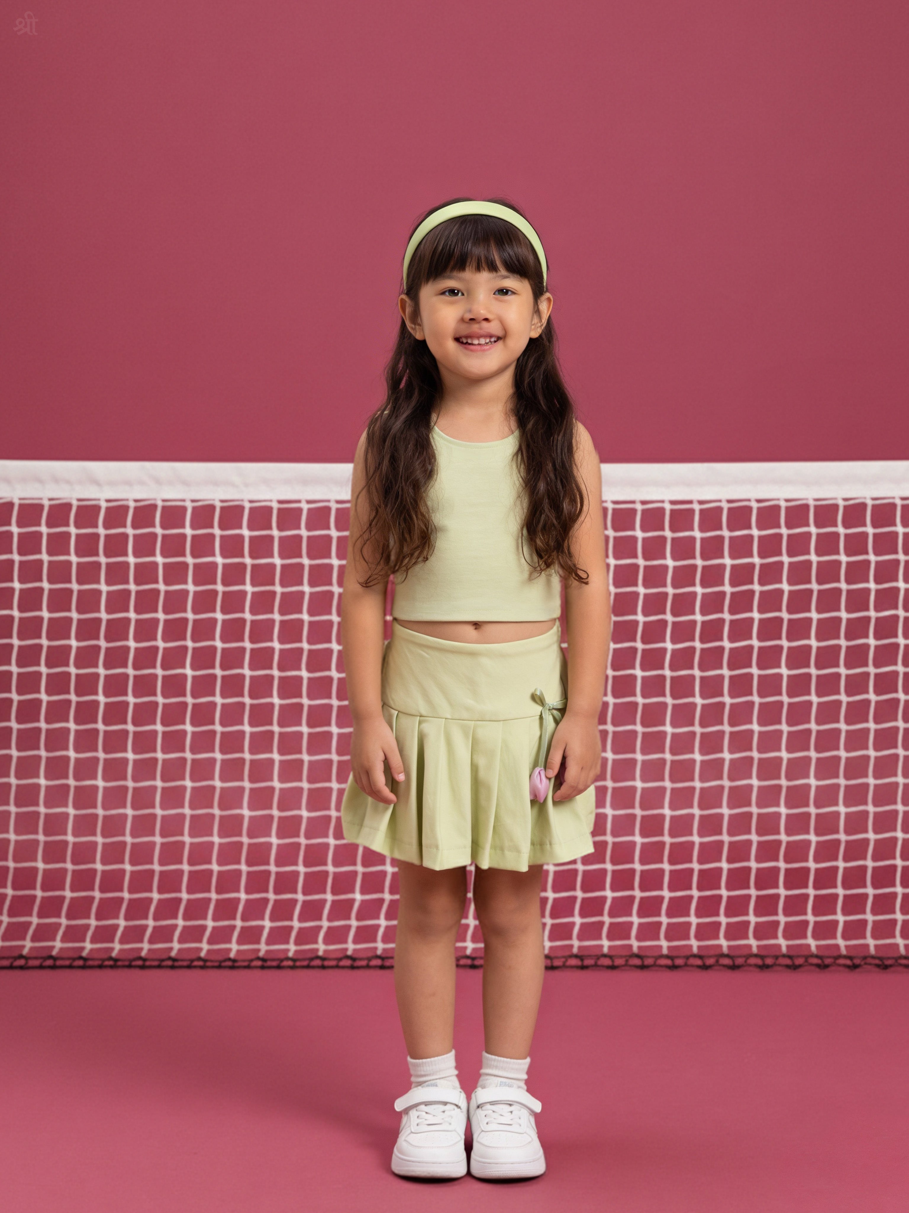 Young girl in a tennis outfit standing in front of a tennis net on a pink background