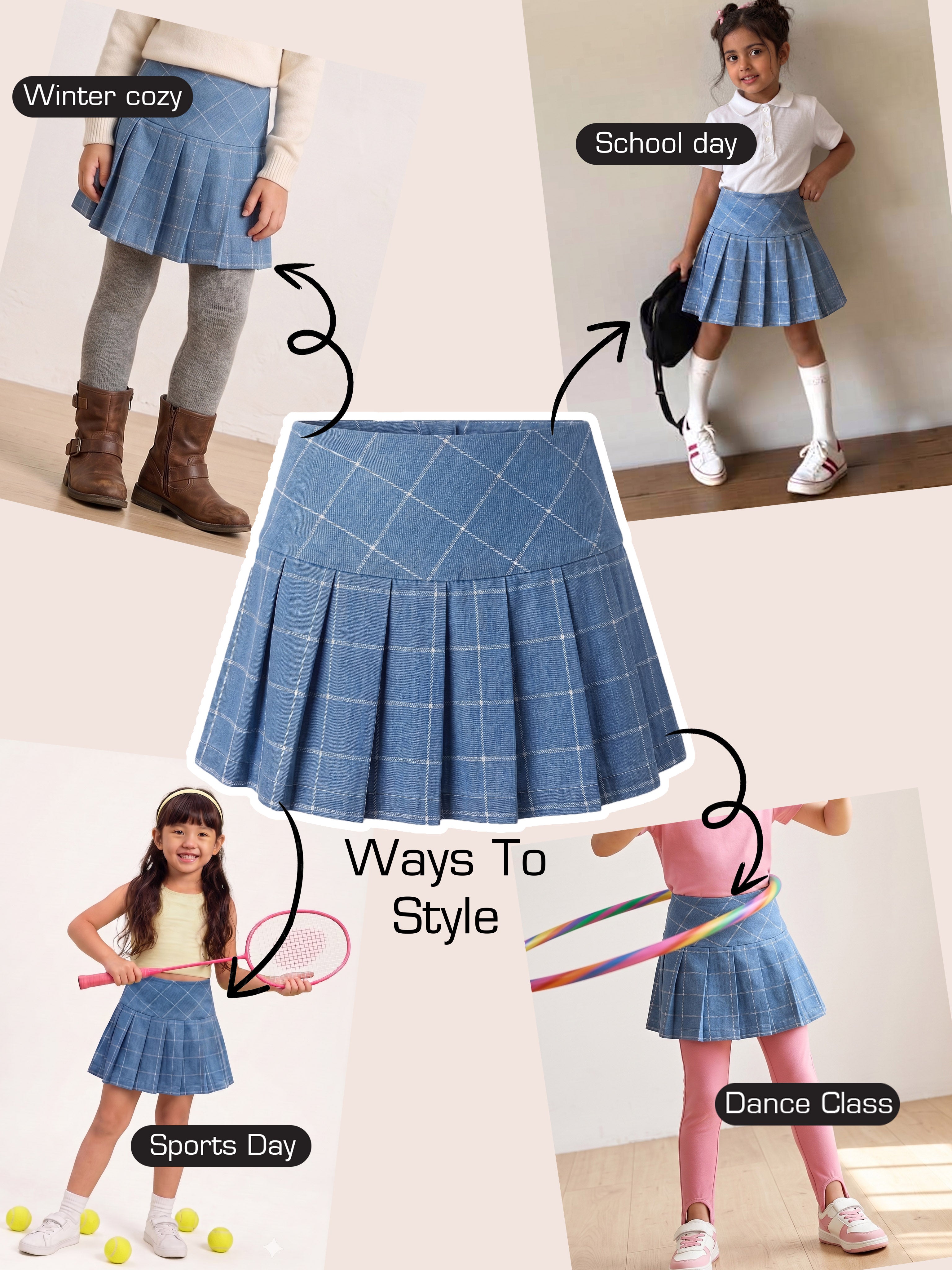 A collage showing a blue plaid pleated skort styled in four different scenarios: Winter cozy, School day, Sports Day, and Dance Class, with text labels and arrows pointing to each usage context. A large central close-up of the skort is shown, along with smaller photos of children wearing it.