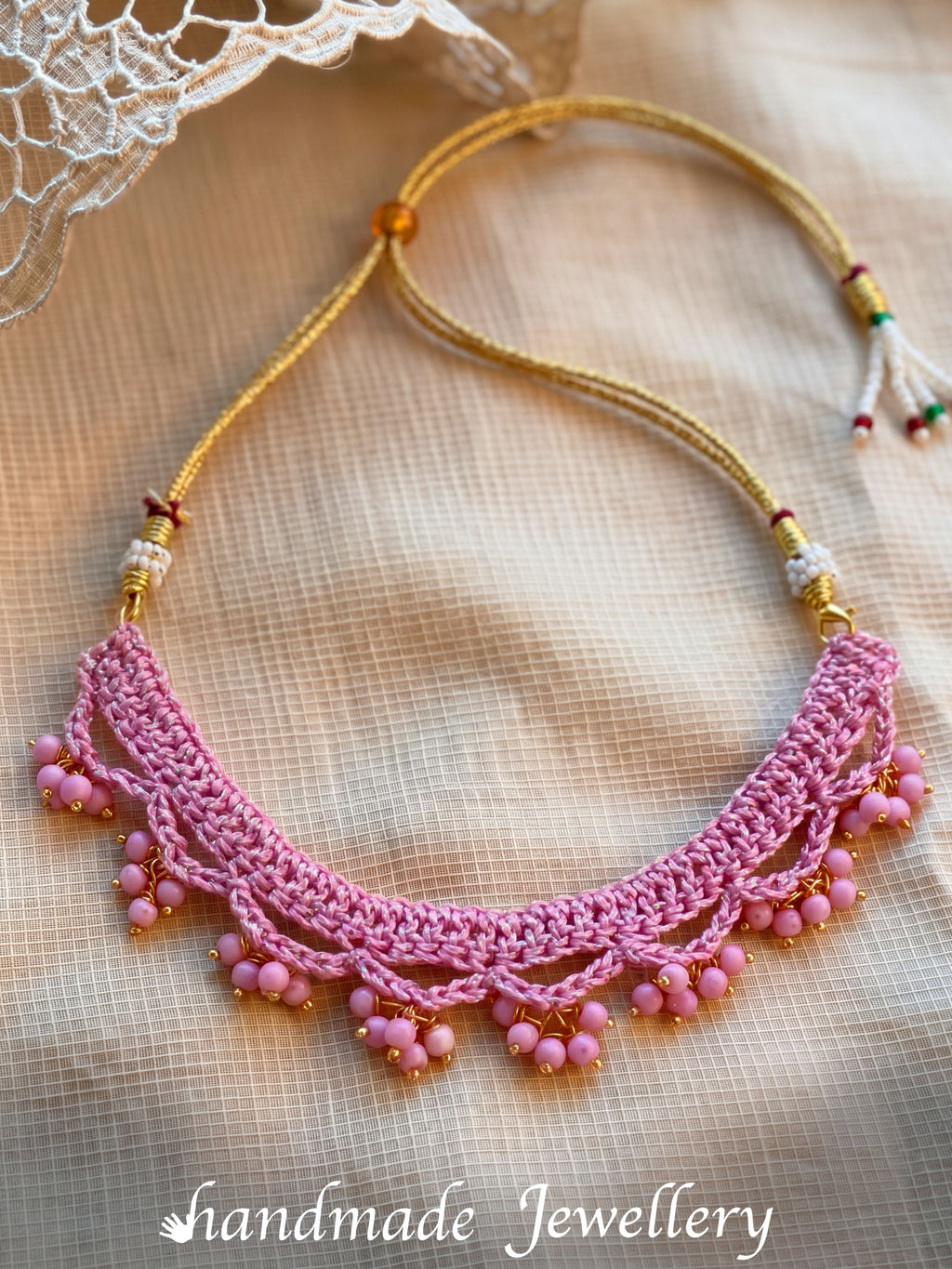 Detailing shoot of Little Carrot Handmade Crochet Lavender necklace