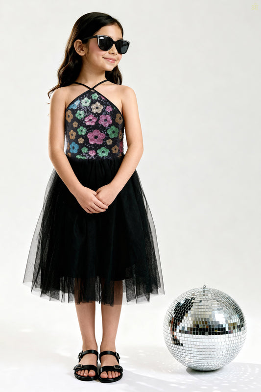 Young girl wearing a Little Carrot floral patterned Sequinned Tutu Dress on a white background