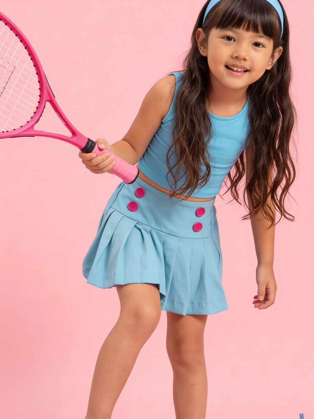 Young girl in a blue little carrot skort set holding a pink tennis racket against a pink background