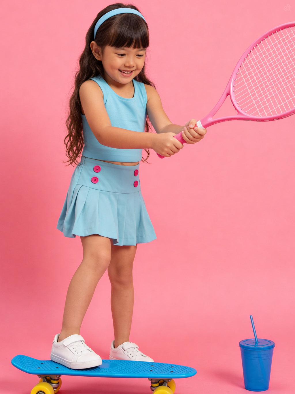 Young girl in little carrot tennis outfit with pink racket on pink background, playing with skate board 