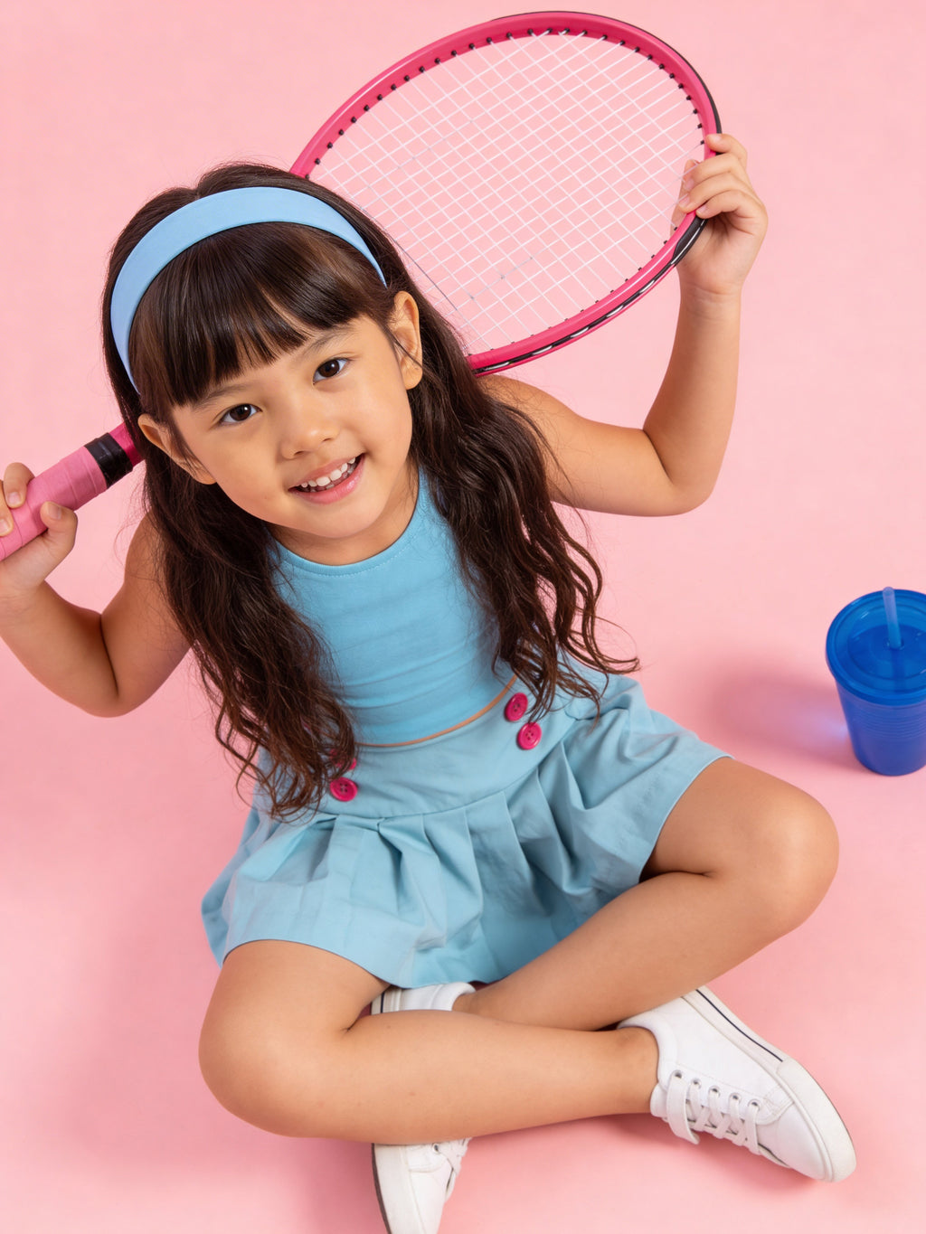 Young girl sitting in a little carrot blue co-ord set holding a pink tennis racket on a pink background