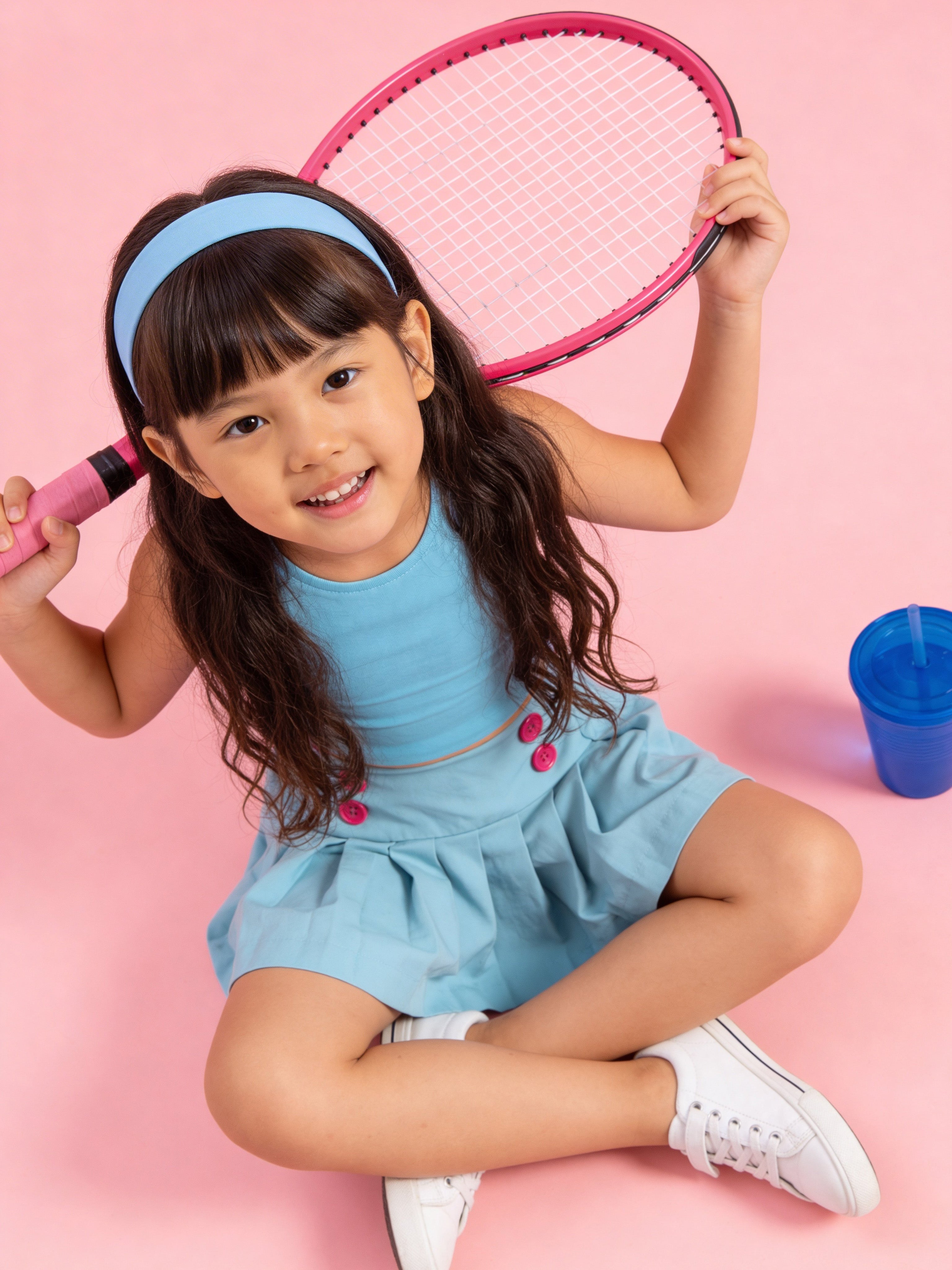 Young girl sitting in a little carrot blue co-ord set holding a pink tennis racket on a pink background