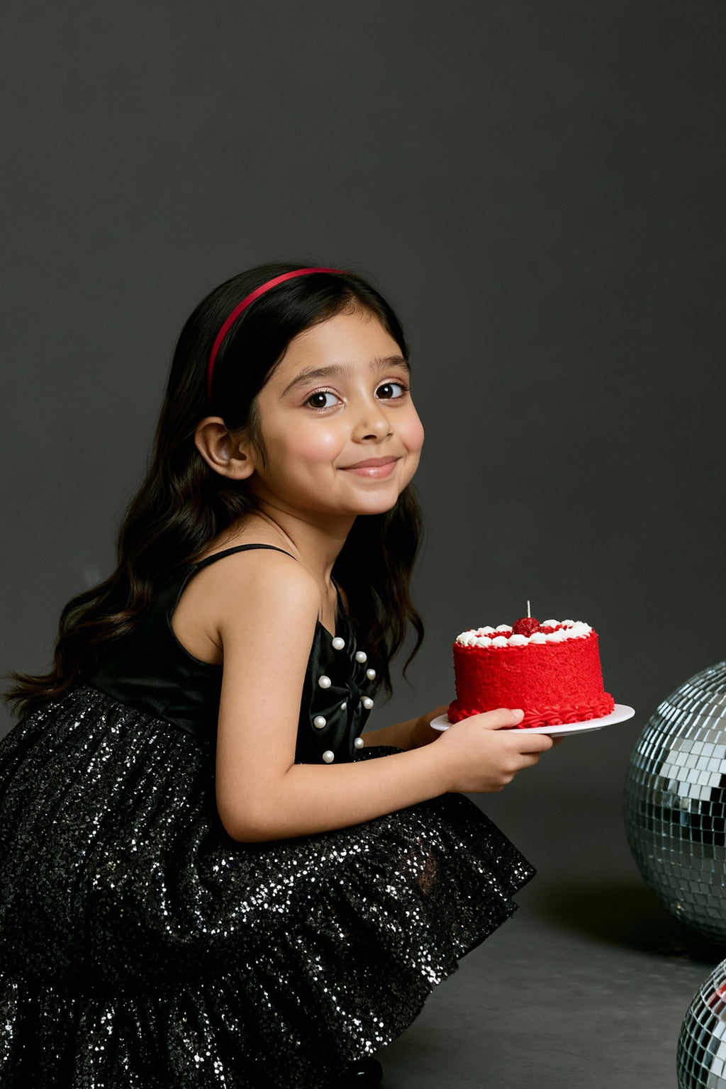 A girlposing in Little Carrot premium satin tulle dress. It has Sequin bow highlight with Hand embellished pear highlights