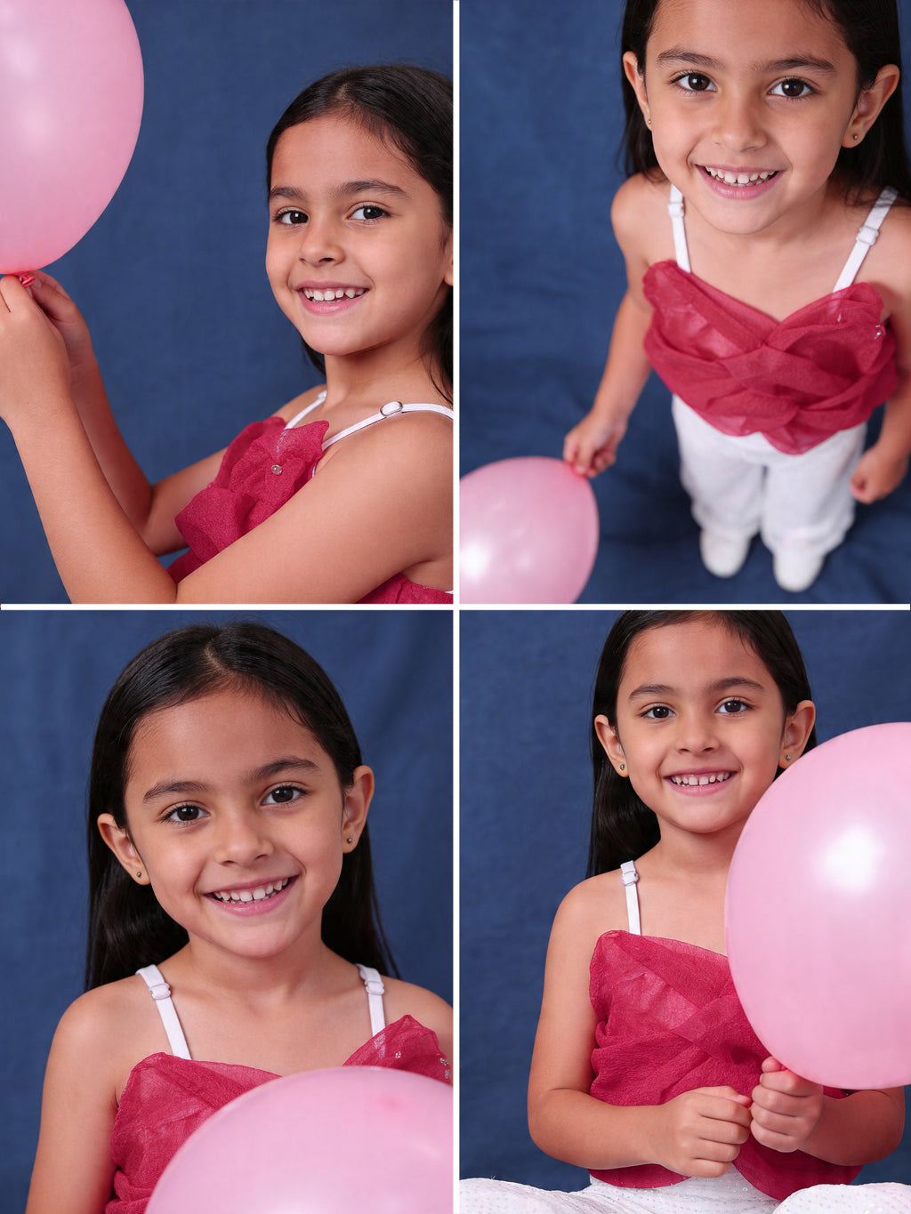 Collage of a young girl holding pink balloons against a blue background wearing little carrot sequins partywear white jumpsuit