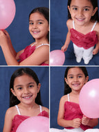 Collage of a young girl holding pink balloons against a blue background wearing little carrot sequins partywear white jumpsuit