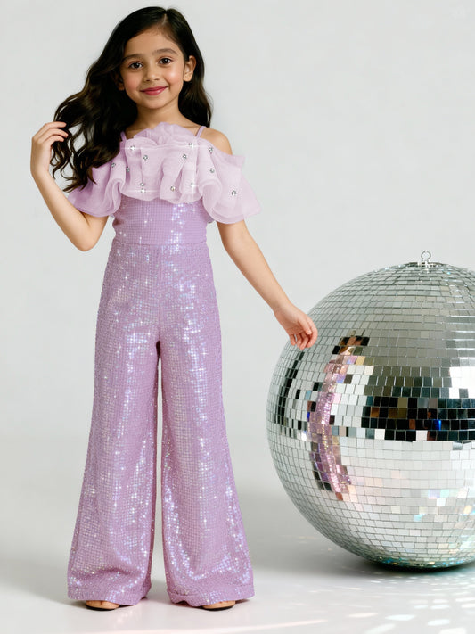 Girls Partywear Sequin Jumpsuit with Stone Embellishments - Lilac
