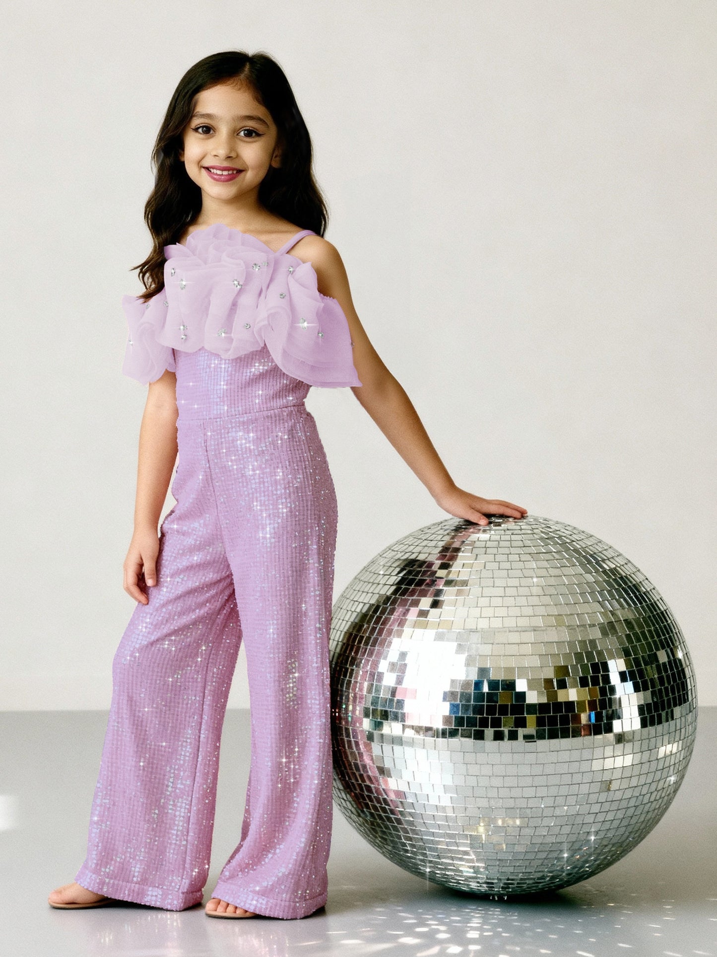 Girls Partywear Sequin Jumpsuit with Stone Embellishments - Lilac