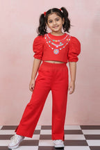 Casual Pure Cotton Red Co-ord Set for Girls | Crop Top & Flared Pants