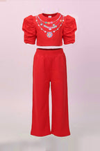 Casual Pure Cotton Red Co-ord Set for Girls | Crop Top & Flared Pants