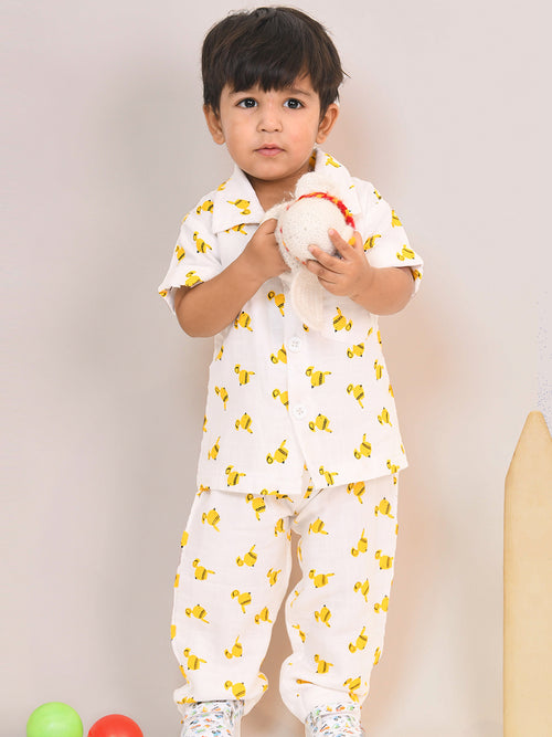 Unisex toddler wearing a soft double gauge cotton co-ord set with playful yellow bird print – comfy everyday outfit