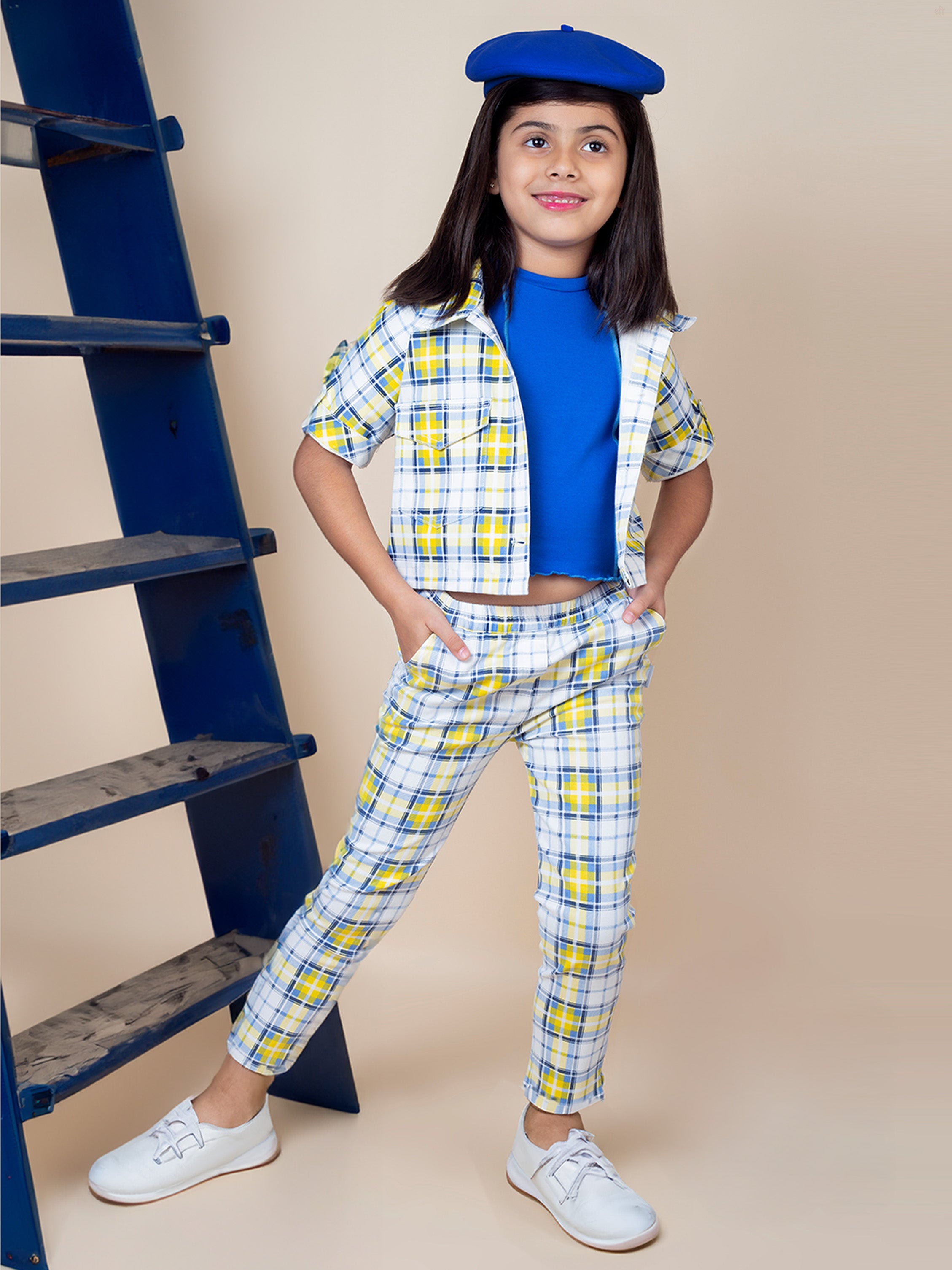 Little Carrot Checks Cord Set With Crop Jacket Jeggings, Checks, premium kids' wear for girls, size 3-4-years.