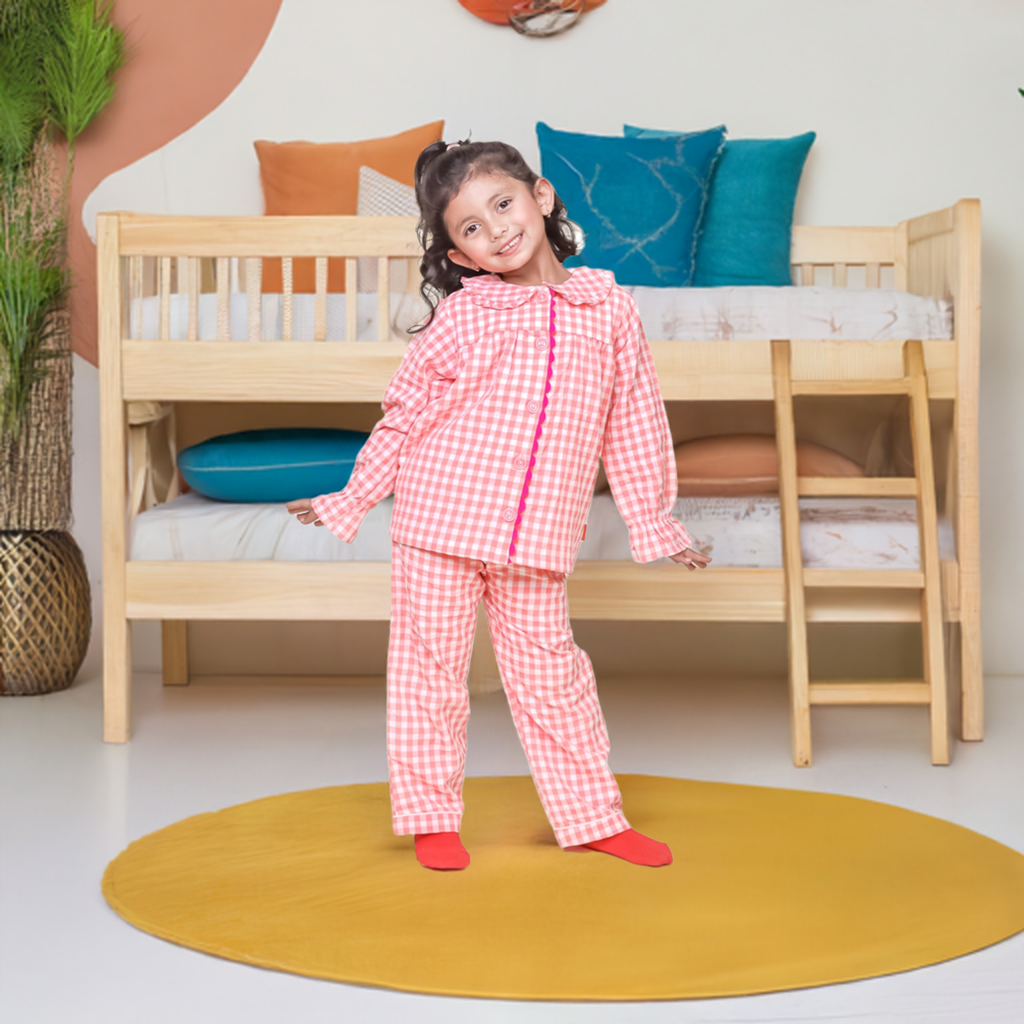 Little Carrot Checks Night Suit With Cotton Lining, Autumn, premium kids' wear for girls, size 2-3-years.