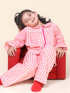 Little Carrot Checks Night Suit With Cotton Lining, , premium kids' wear for girls, size 3-4-years.