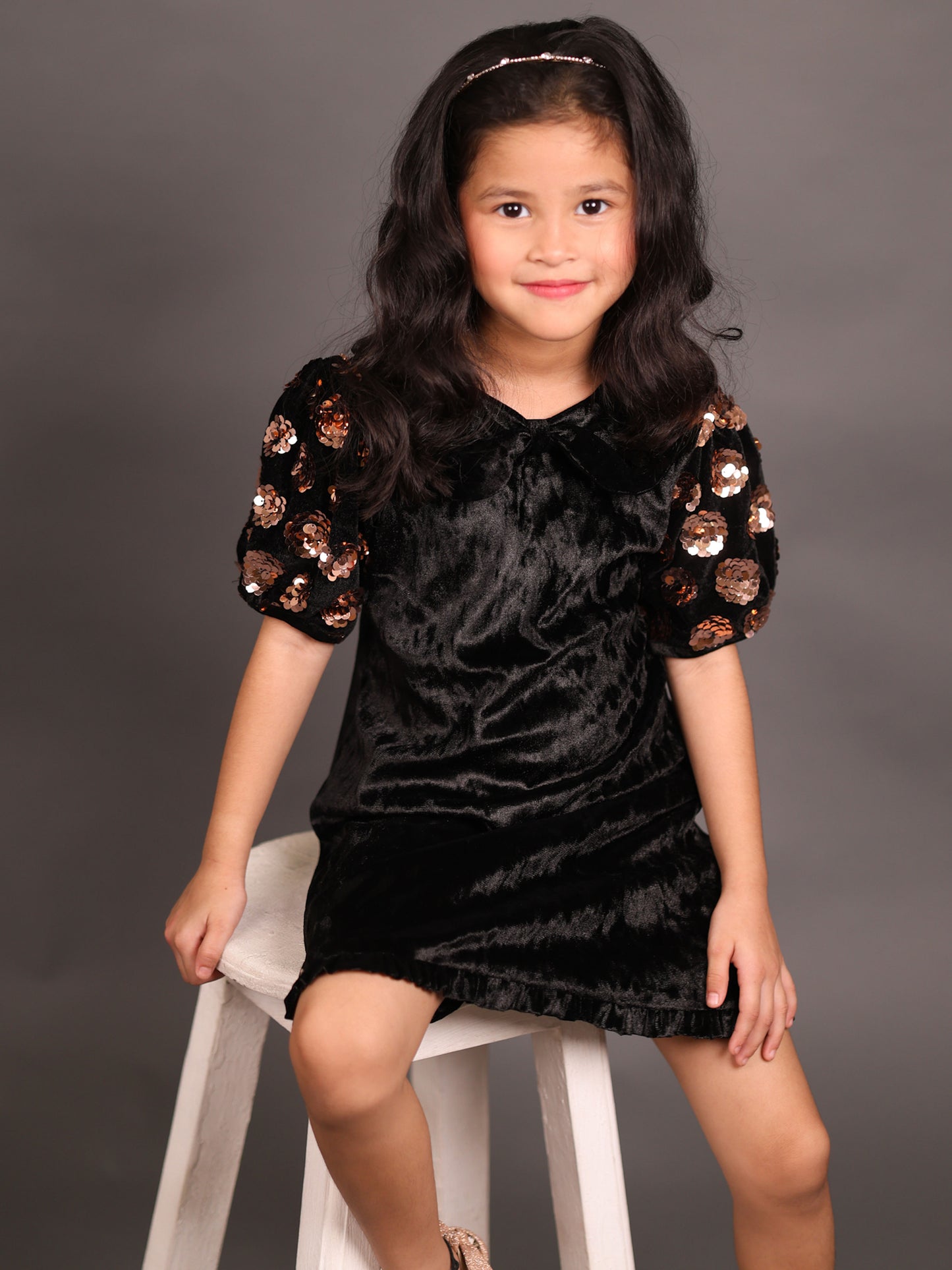 Little Carrot Chic Velvet Dress With Shimmering Sequin Sleeves, , premium kids' wear for girls, size 3-4-years.