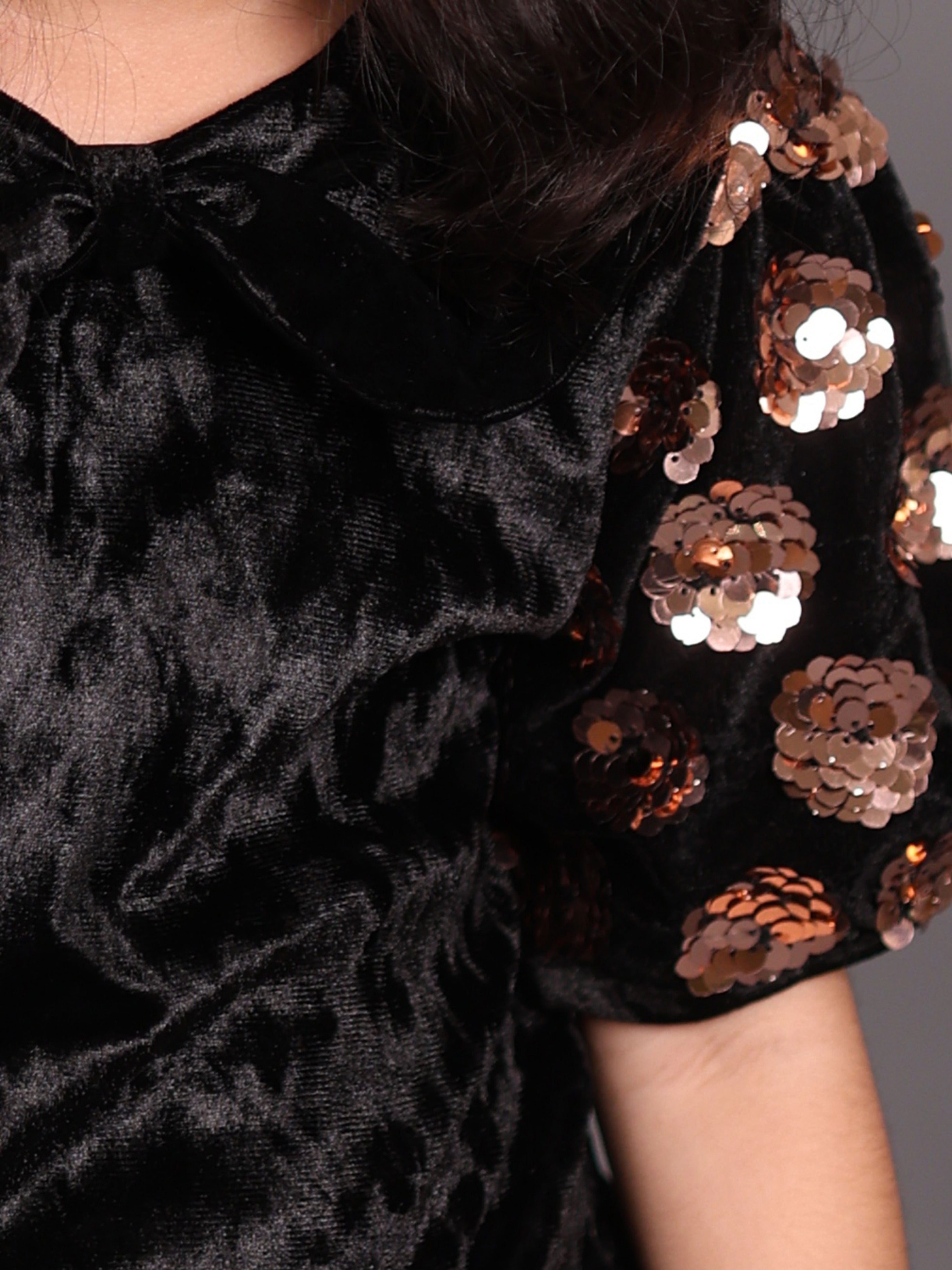 Little Carrot Chic Velvet Dress With Shimmering Sequin Sleeves, , premium kids' wear for girls, size 4-5-years.