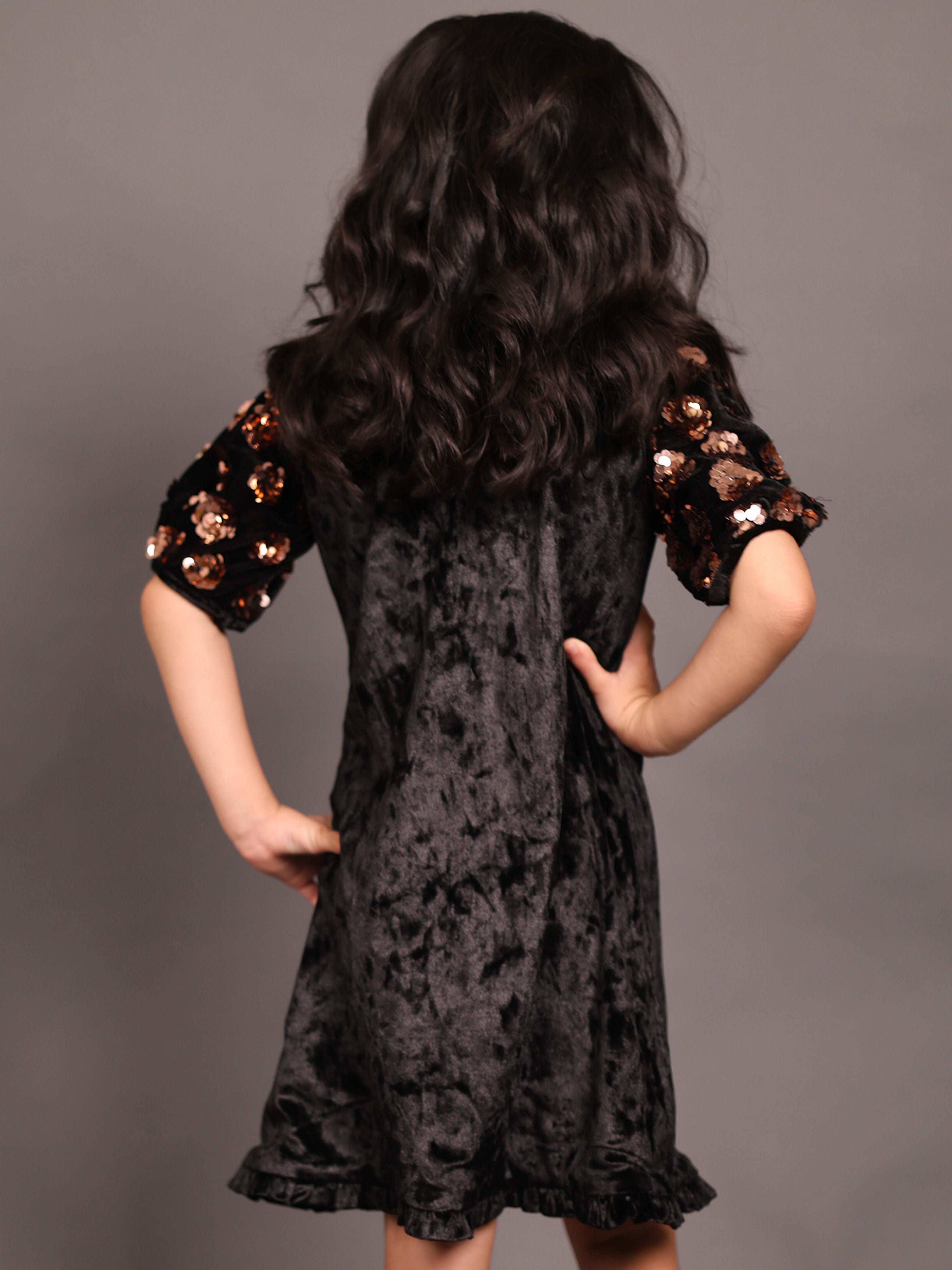 Little Carrot Chic Velvet Dress With Shimmering Sequin Sleeves, , premium kids' wear for girls, size 5-6-years.