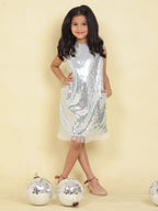 Little Carrot Classic Silver Sequin A Line Dress With Frills And Pockets, Christmas, premium kids' wear for girls, size 3-4-years.