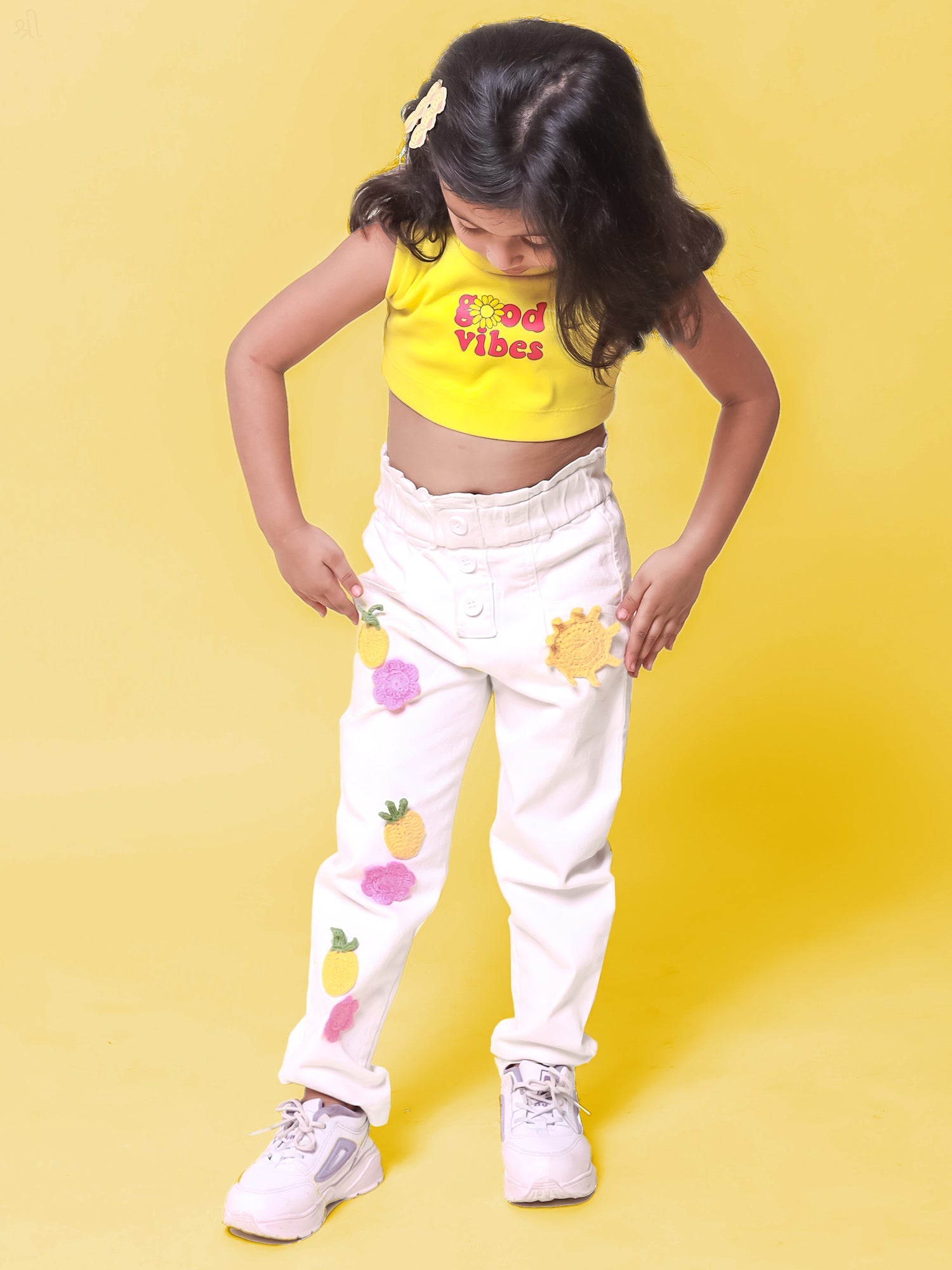 Little Carrot Crochet Patched Straight Fit Paperbag Pants, , premium kids' wear for girls, size 4-5-years.