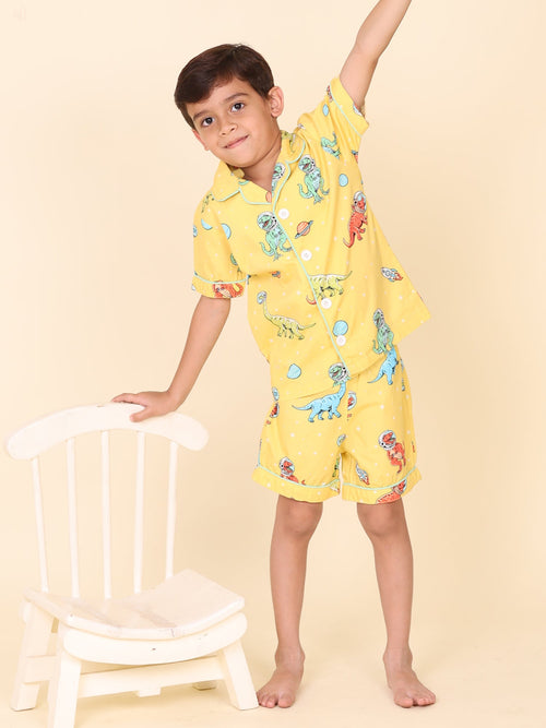 Little Carrot Dino Printed Nightwear Shirt And Shorts Set, Animal Print, premium kids' wear for girls, size 1-2-years.