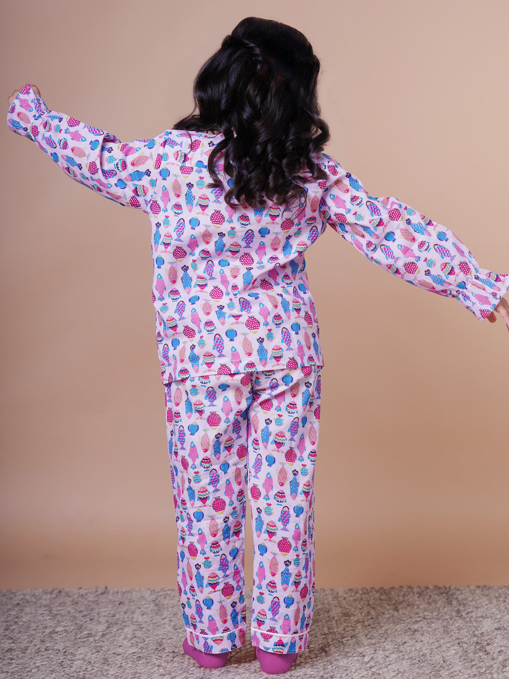 Little Carrot Fish Themed Pure Cotton Lounge Set Night Suit, , premium kids' wear for girls, size 3-4-years.